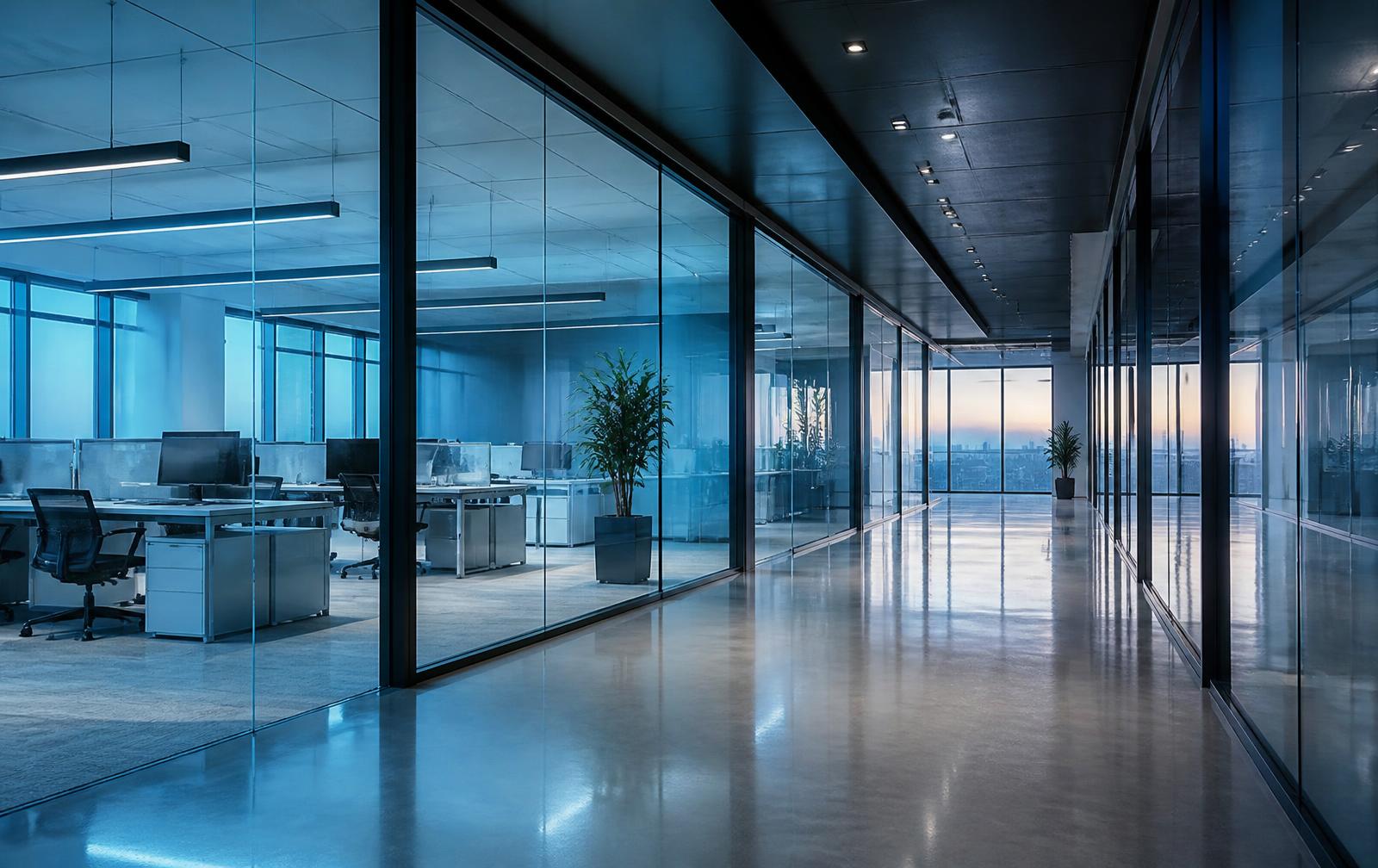 Clean, empty open-plan office interior with polished floors at dawn